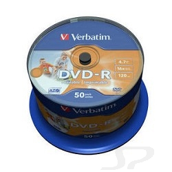 Диск Verbatim 43533/ 43649 Диски DVD-R  4.7Gb 16х, Wide Photo InkJet Printable, 50шт, Cake Box - 16127