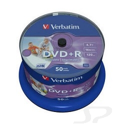 Диск Verbatim 43512 Диски DVD+R  4.7Gb 16-х, Wide Photo InkJet Printable, 50 шт, Cake Box - 16142