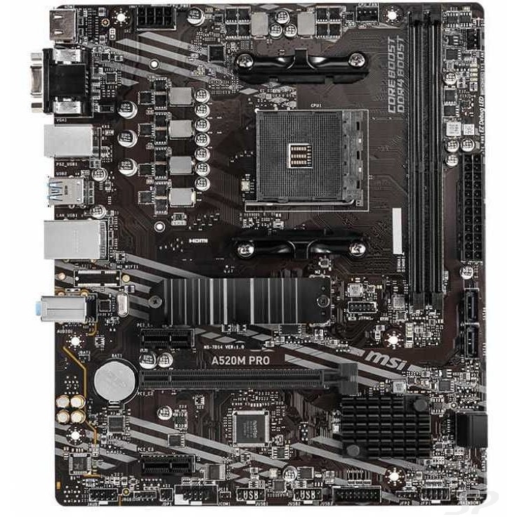 MicroStar Материнская плата MSI A520M PRO Soc-AM4 AMD A520 2xDDR4 mATX AC`97 8ch 7.1 GbLAN RAID+VGA+HDMI+DP - 87385