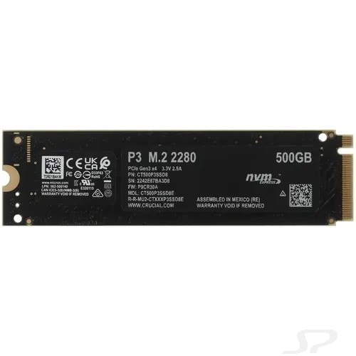 SSD M.2 Crucial 500Gb P3 <CT500P3SSD8> (PCI-E 3.0 x4, up to 3500/1900MBs, 3D NAND, NVMe, 110TBW, 22х80mm) - 93429